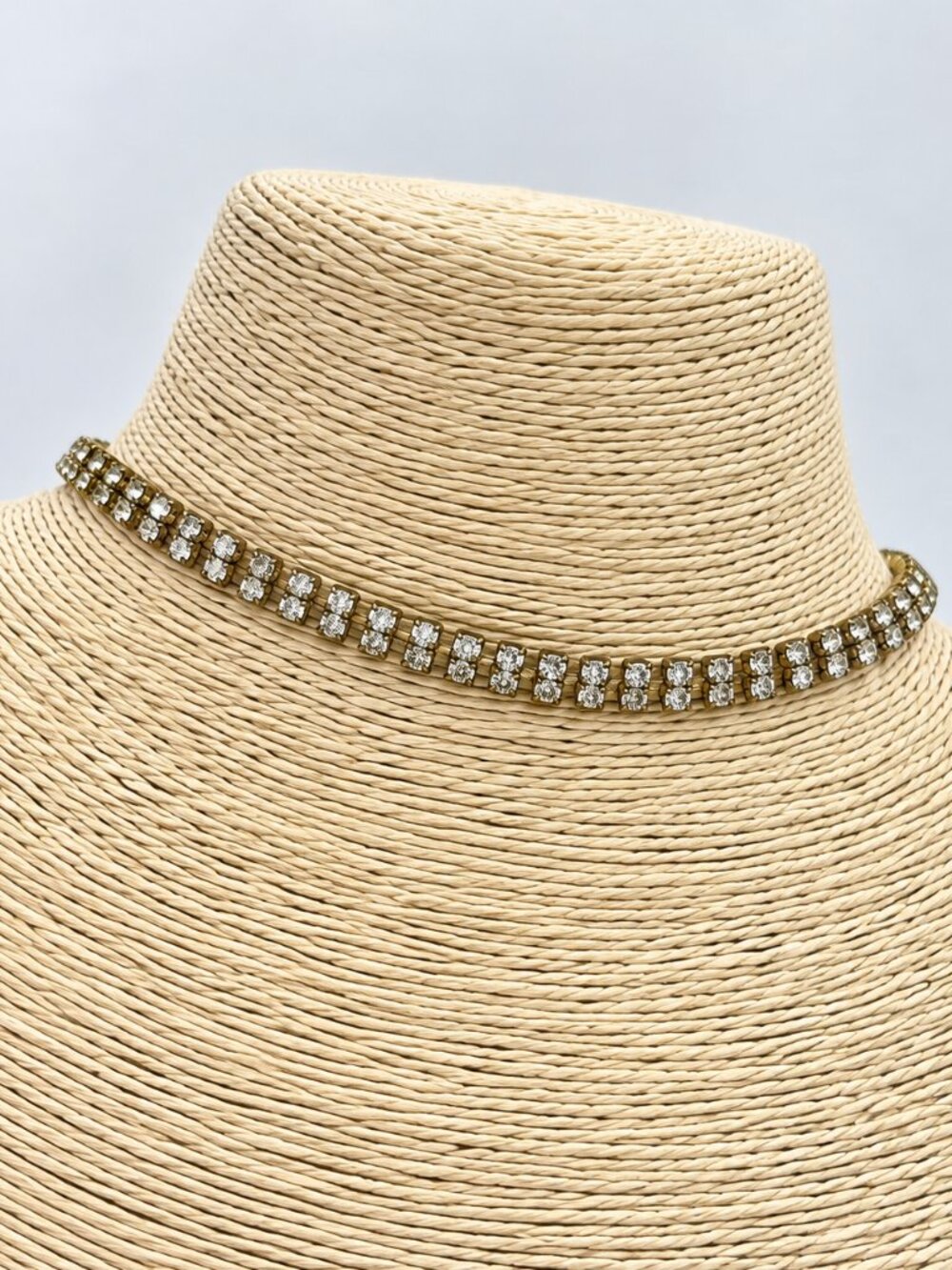 Vintage Style Rhinestone Tennis Choker Necklace Gold Tone Clear Crystal